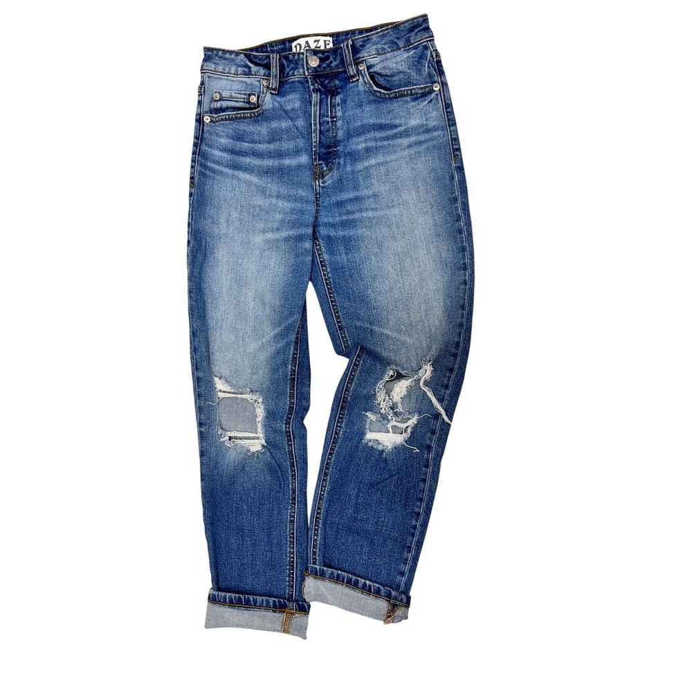 Daze Denim Straight Leg Jeans Womens 25 Blue Excellent Distressed High Rise